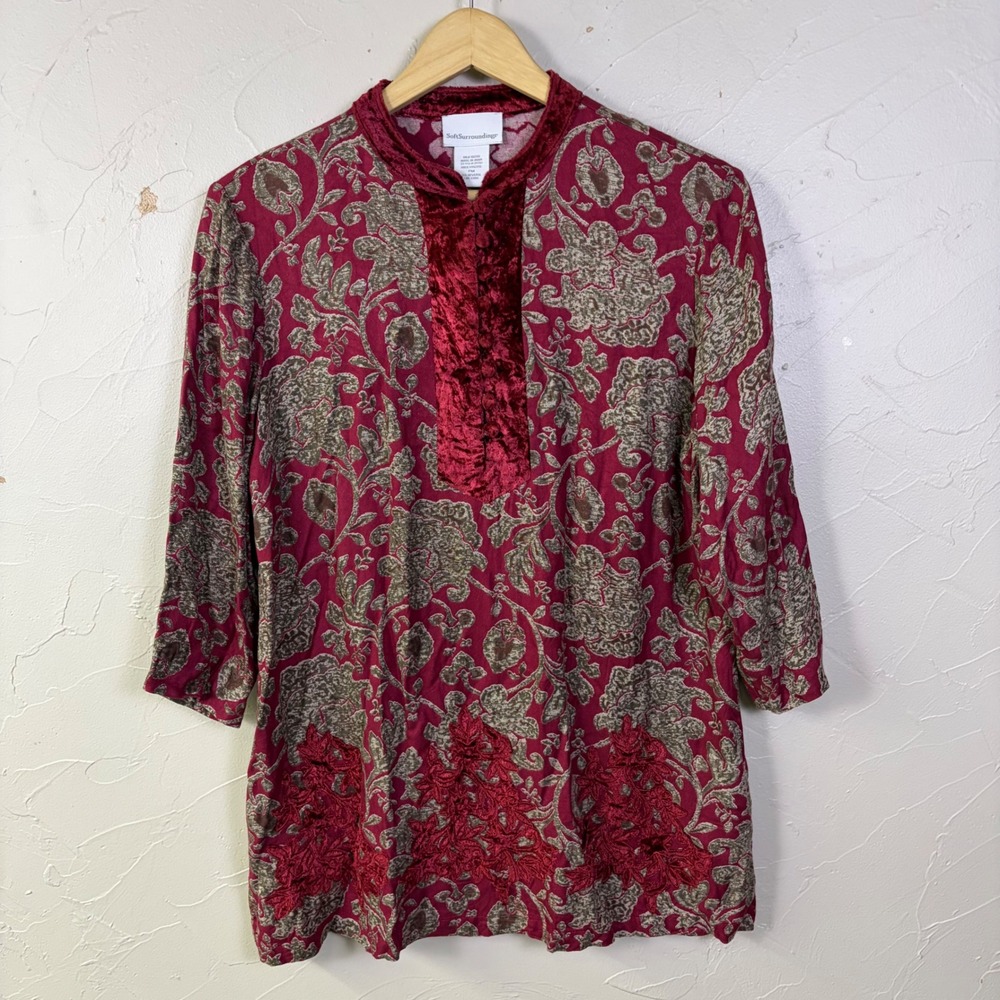 Soft Surroundings Tunic Top Womens PM Red Floral Velvet Trim Boho Chic